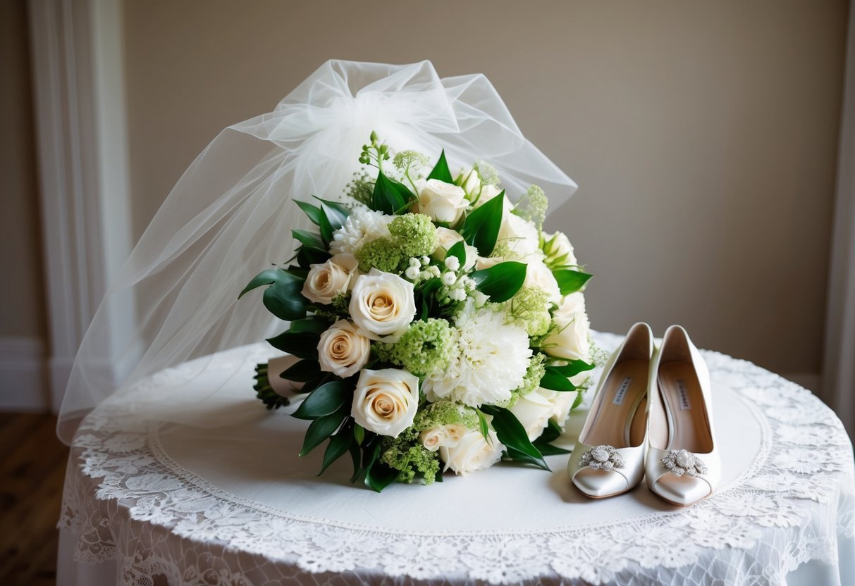A bridal bouquet, a delicate veil, and a pair of elegant shoes arranged on a lace-trimmed table