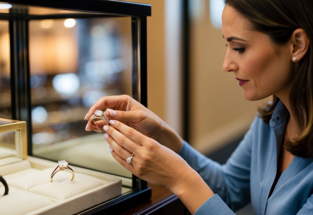A woman carefully selects a wedding band from a display case, examining the intricate details and craftsmanship. She considers the significance of the ring as she makes her decision