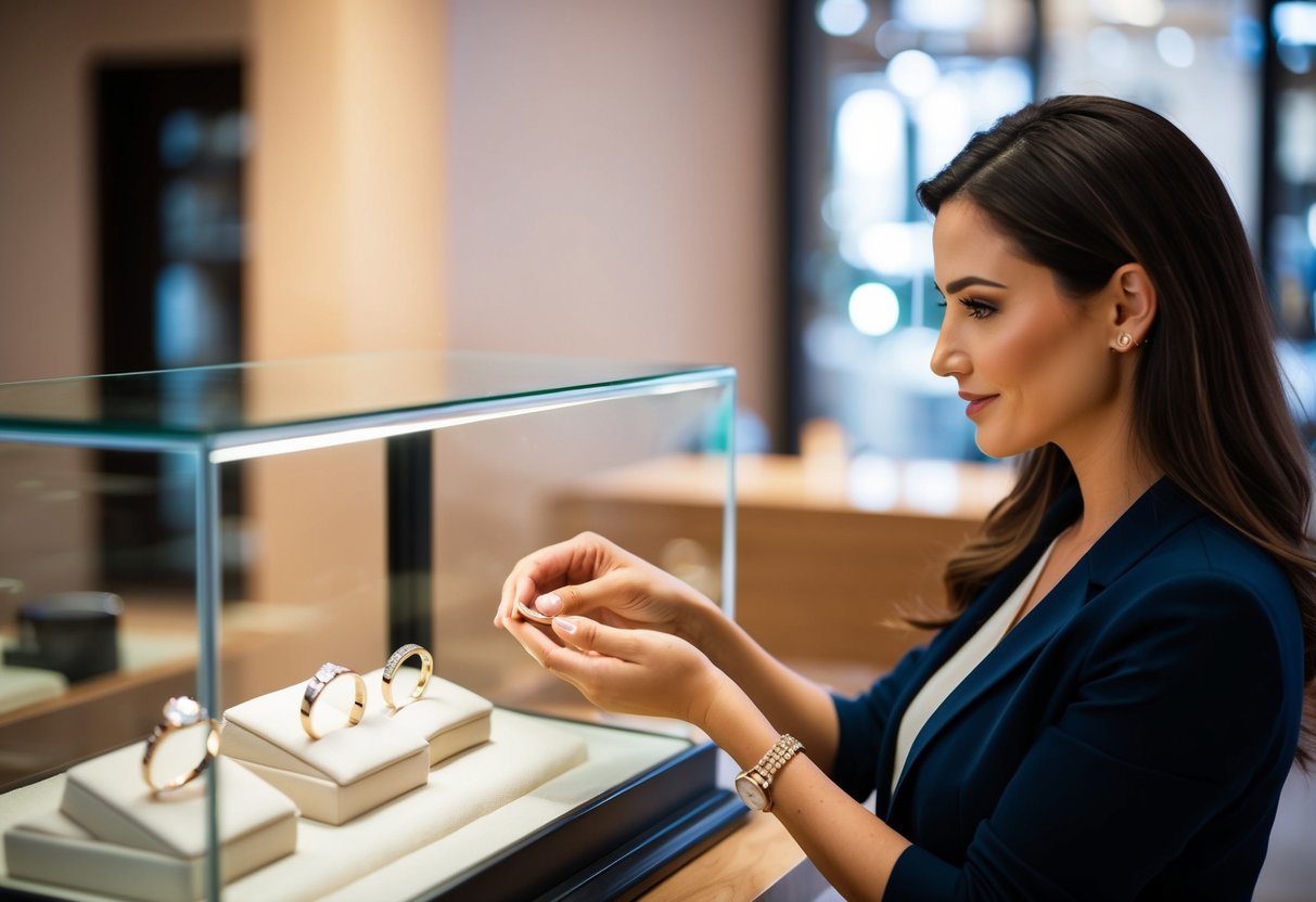 A woman carefully selects a sleek wedding band from a display case, considering its design and price