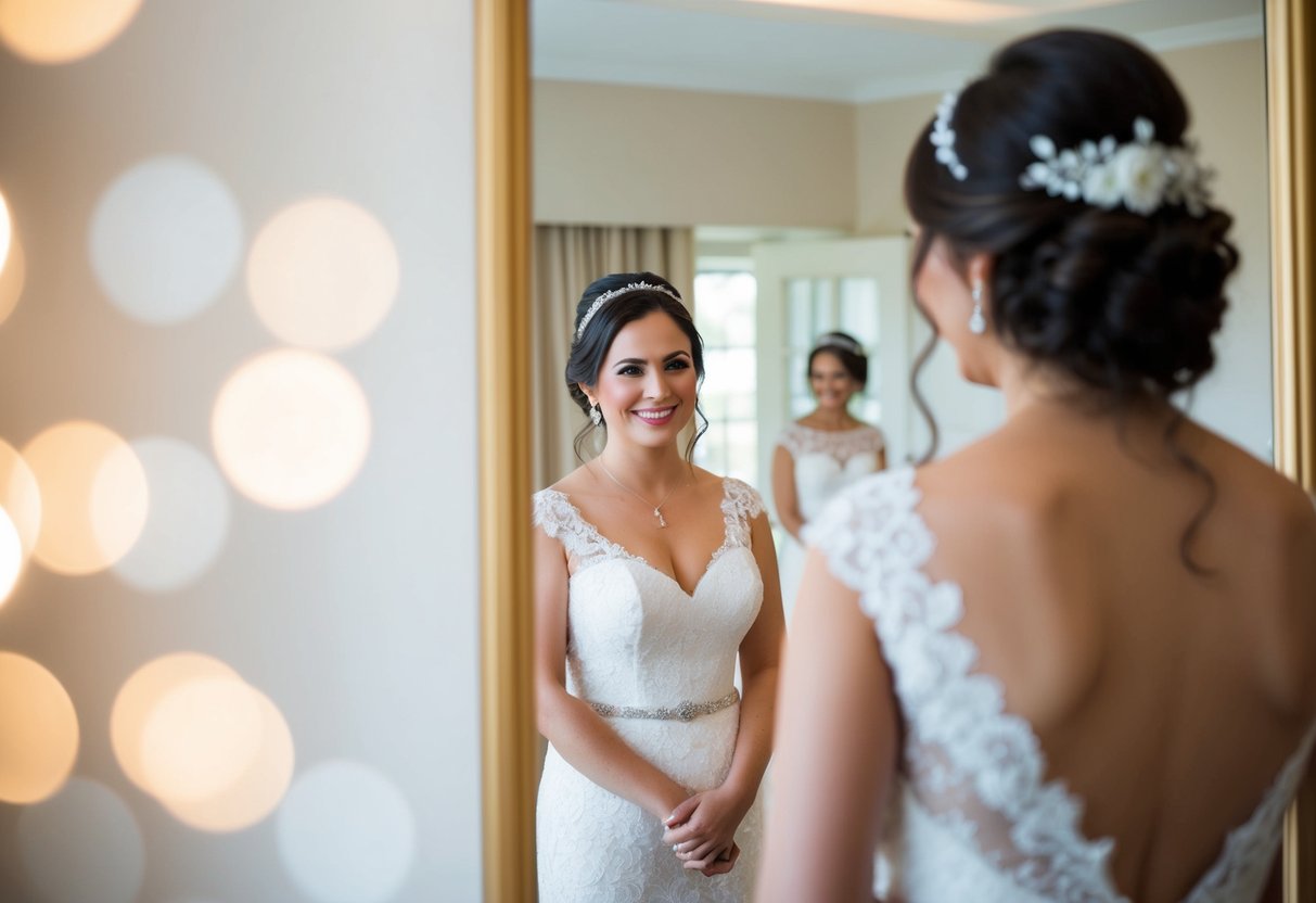 A bride standing in front of a mirror, admiring her reflection with a smile on her face
