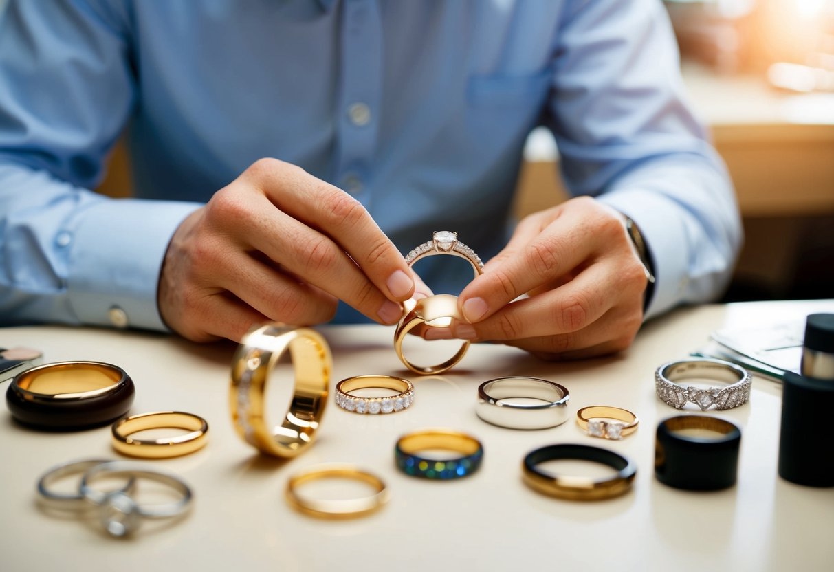 A jeweler carefully examines various wedding band designs and materials, considering the cost and durability for a husband's ring