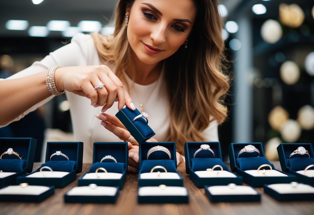 A woman carefully examines a selection of wedding bands, comparing their designs and prices, trying to determine the perfect balance of quality and affordability