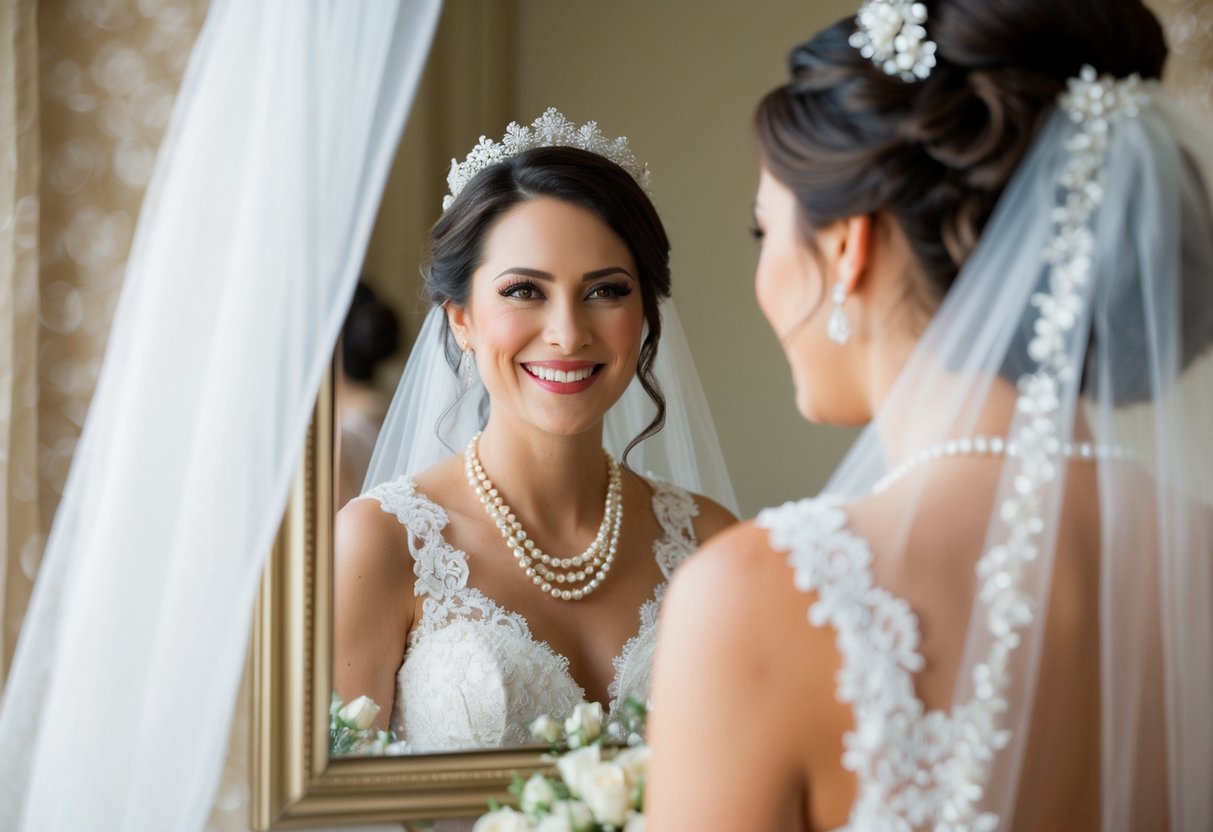 A mirror reflects a bride's radiant smile as she gazes at her reflection, surrounded by delicate lace and shimmering pearls