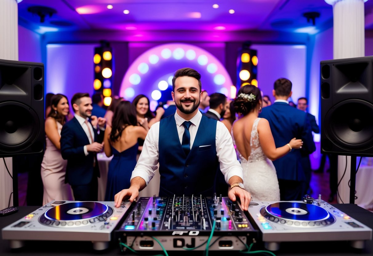 The DJ stands behind a table with turntables and a mixing board, surrounded by colorful lights and speakers, as guests dance and celebrate at the wedding reception