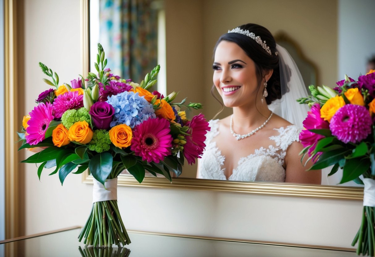 A bouquet of vibrant flowers placed in front of a mirror, reflecting the bride's radiant smile