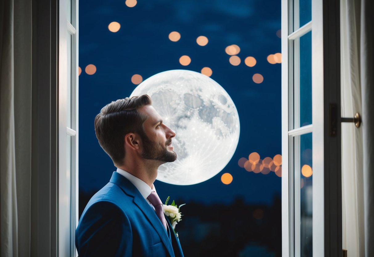 A groom gazes at the full moon through a window on the eve of his wedding day