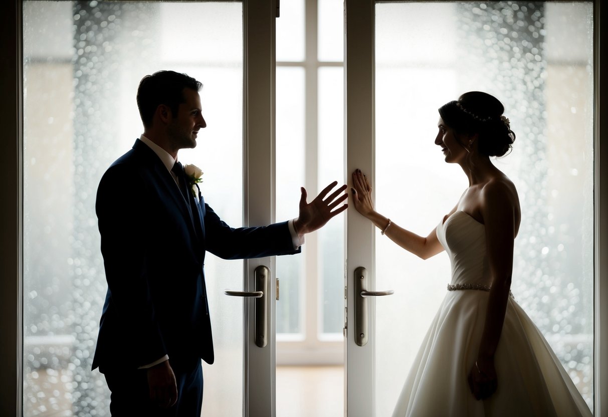 A bride and groom stand on opposite sides of a door, their silhouettes visible through the frosted glass. The groom reaches out a hand, but the bride hesitates, creating a sense of longing and anticipation