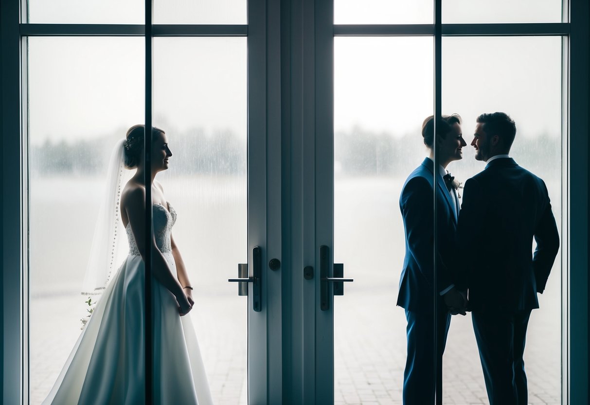 A bride and groom stand on opposite sides of a closed door, their silhouettes visible through the frosted glass