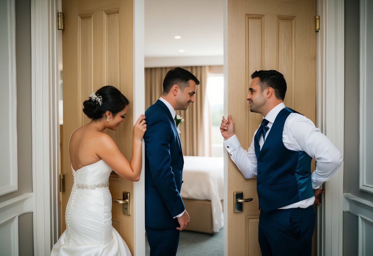 A bride and groom stand on opposite sides of a door, hesitating to see each other the night before their wedding