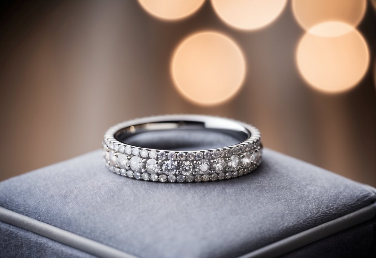 A sparkling diamond wedding band rests on a velvet cushion