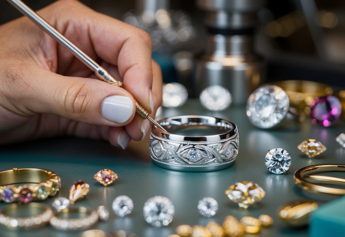 A jeweler carefully engraves intricate patterns onto a gleaming wedding band, surrounded by an array of precious gemstones and metals