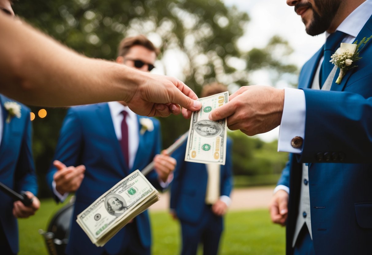 The groom hands money to the band