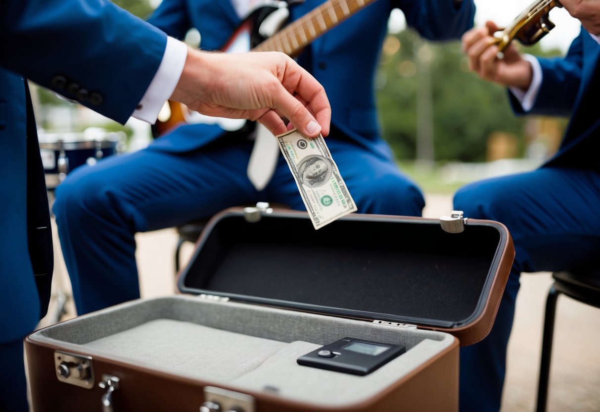 A groom's hand dropping money into a band's open instrument case