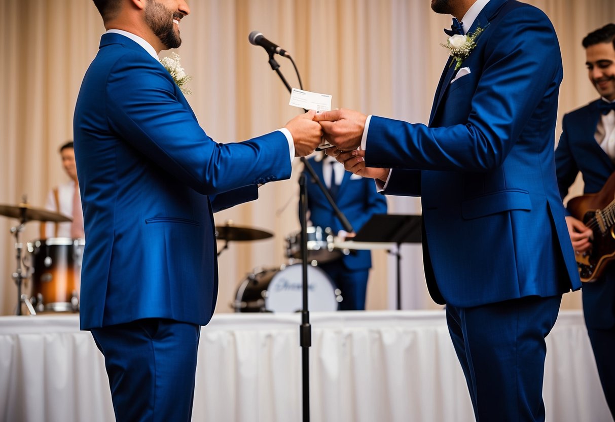 A groom hands over payment to a band on a stage at a wedding reception