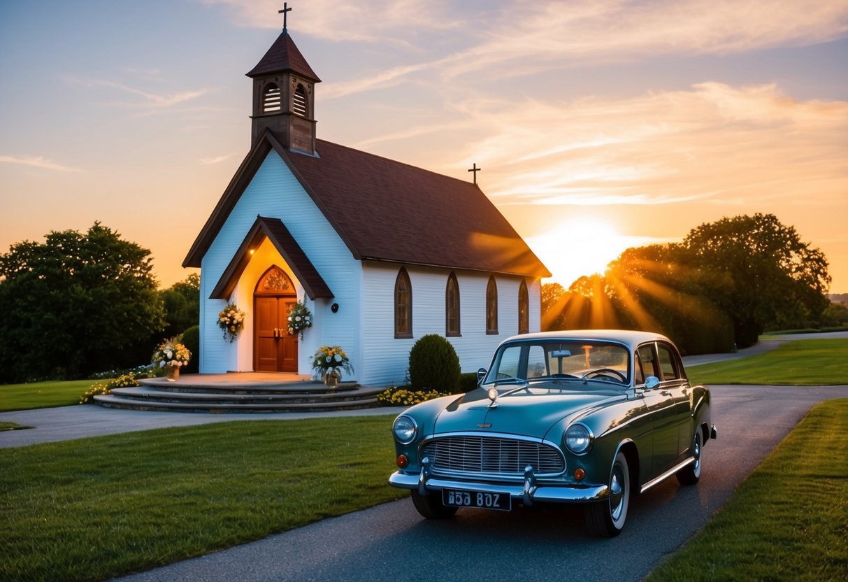 The sun sets behind a quaint chapel, casting a warm glow on the flower-adorned altar. A vintage car waits outside, ready to whisk the bride away