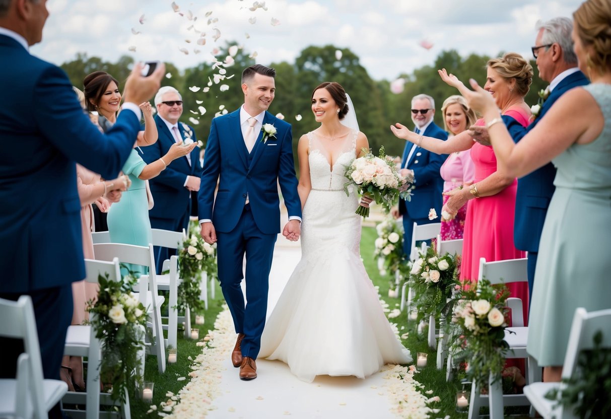 A bride and groom walk hand in hand down a flower-lined aisle as guests cheer and toss rose petals