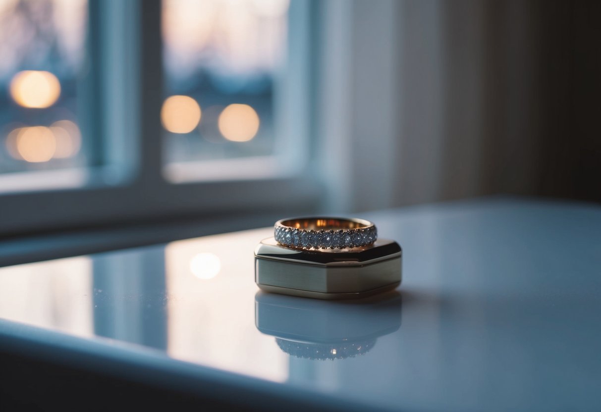 A wedding band resting on a bedside table, bathed in soft moonlight streaming through a window