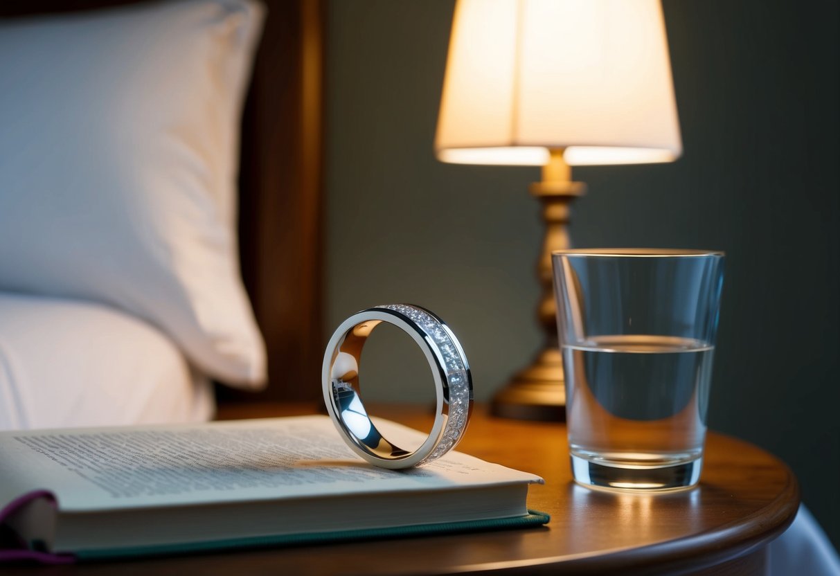 A wedding band placed on a bedside table next to a glass of water and a book, with a soft lamp casting a warm glow in the background