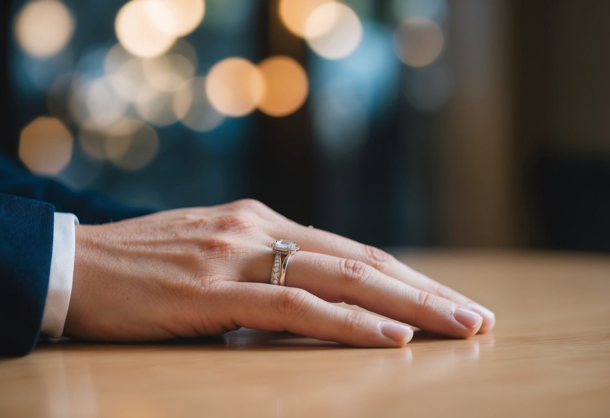 A bare left hand resting on a table, with an empty space where a wedding band would normally be