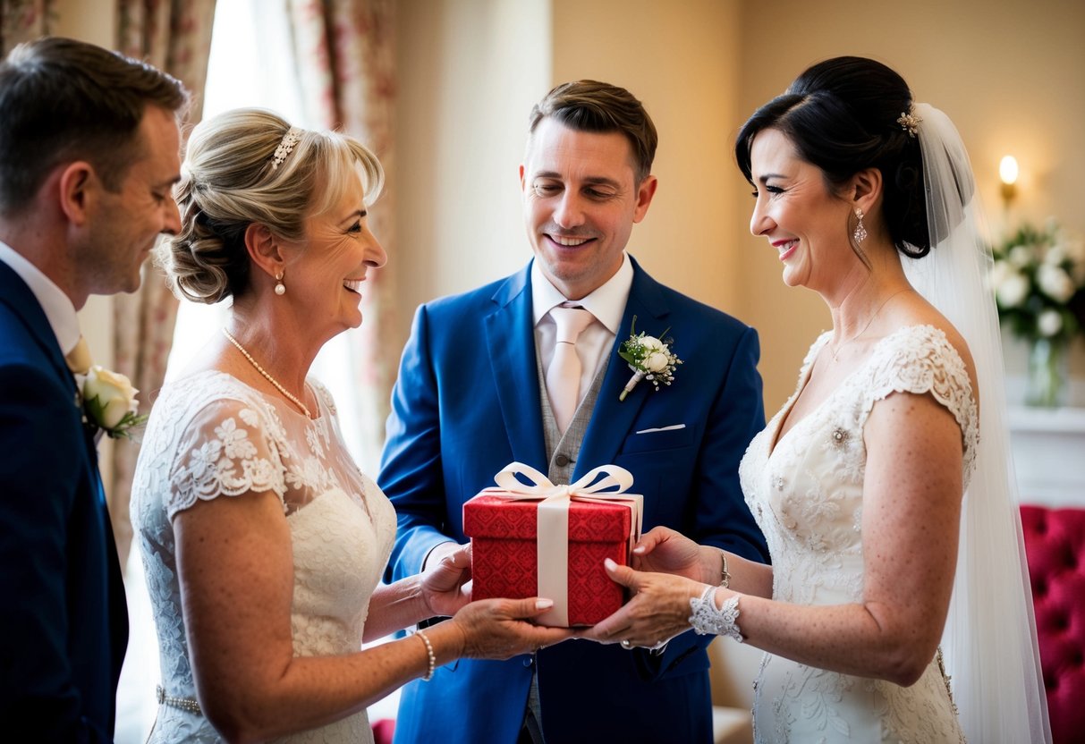 A mother of the groom receiving a gift from the bride, symbolizing the passing of her son into the care of his new wife