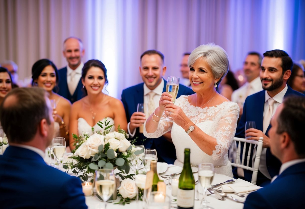A mother of the groom gracefully offers a toast at the wedding reception, surrounded by family and friends