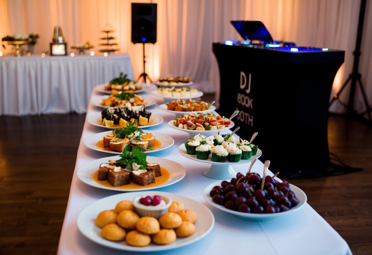 A table set with a variety of food and drinks, including appetizers, main courses, and desserts, is positioned near the DJ booth at a wedding reception