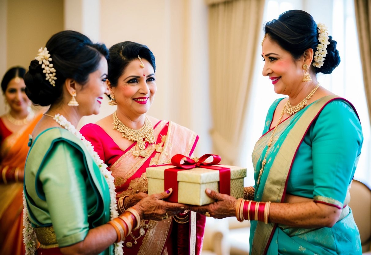 The mother of the groom presents a gift to the bride during a pre-wedding event