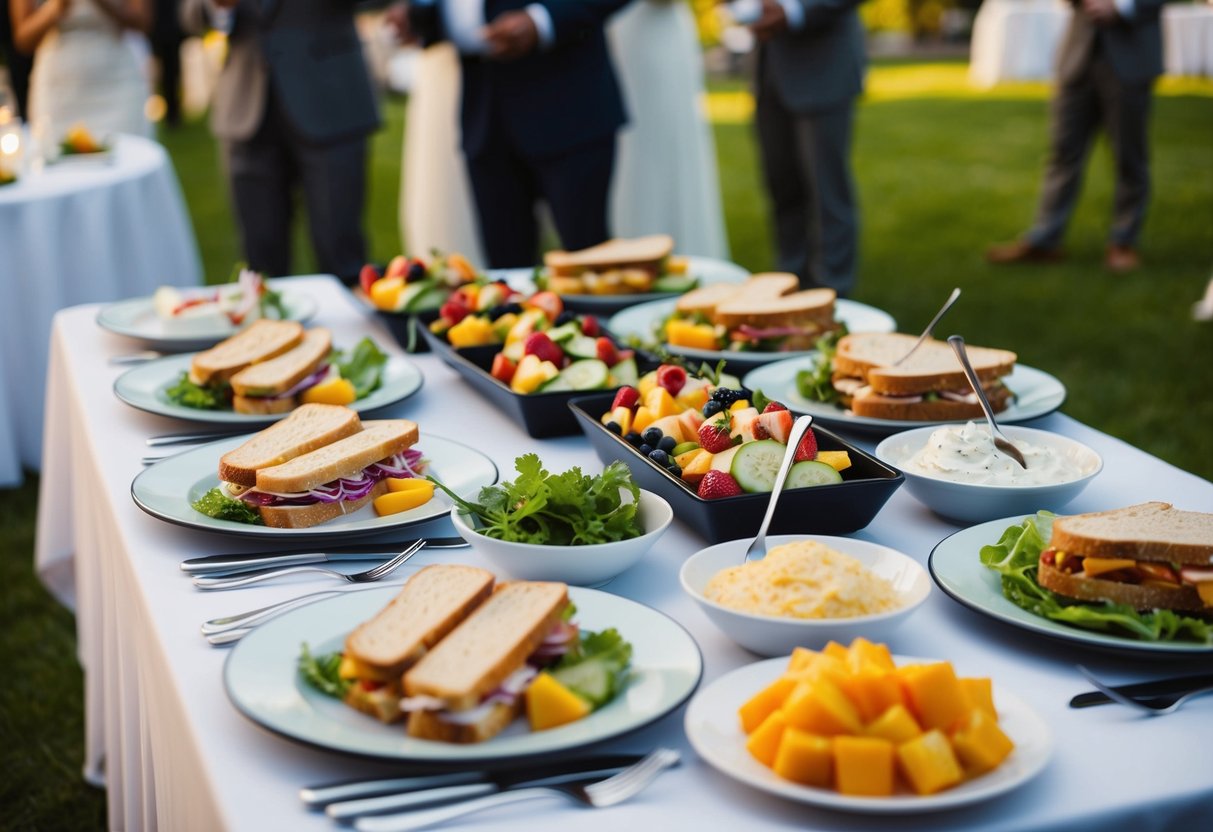 A table set with a variety of dishes, including sandwiches, salads, and fruit, is arranged for the wedding DJ's meal
