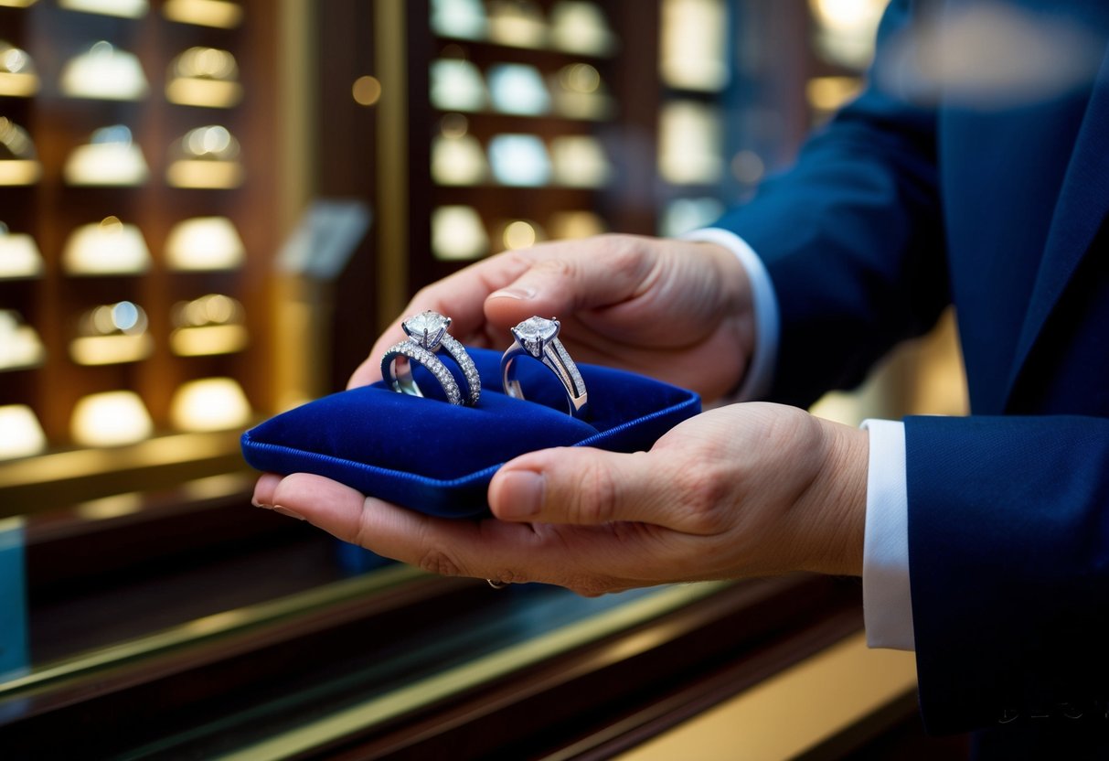 A jeweler's hand holds two gleaming wedding rings, displayed on a velvet cushion in a luxurious store window