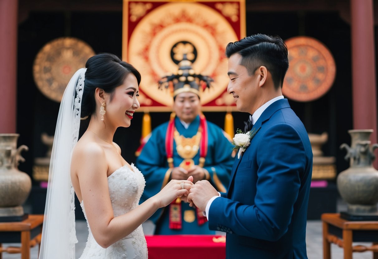 A bride and groom exchanging wedding rings in front of a traditional cultural symbol, with historical artifacts in the background