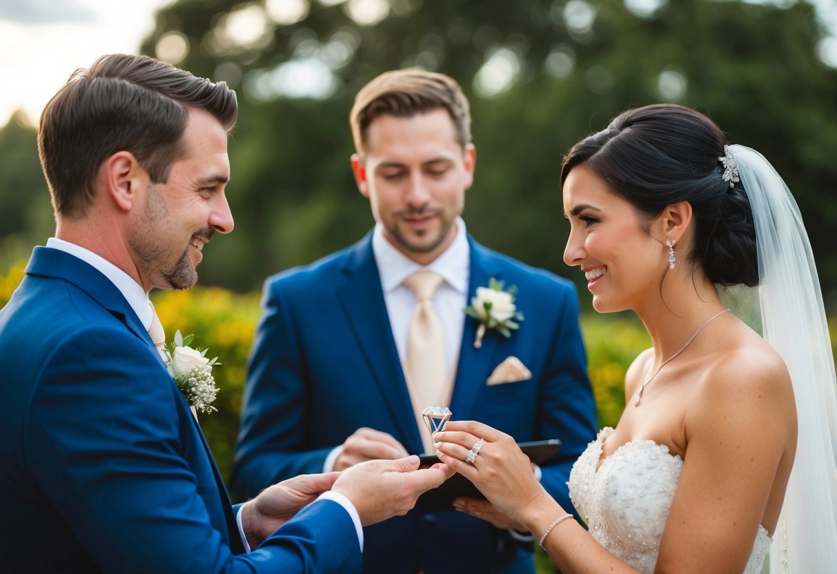 A groom presents a diamond ring to his bride, symbolizing their commitment. A wedding planner observes, noting the financial aspects of the exchange