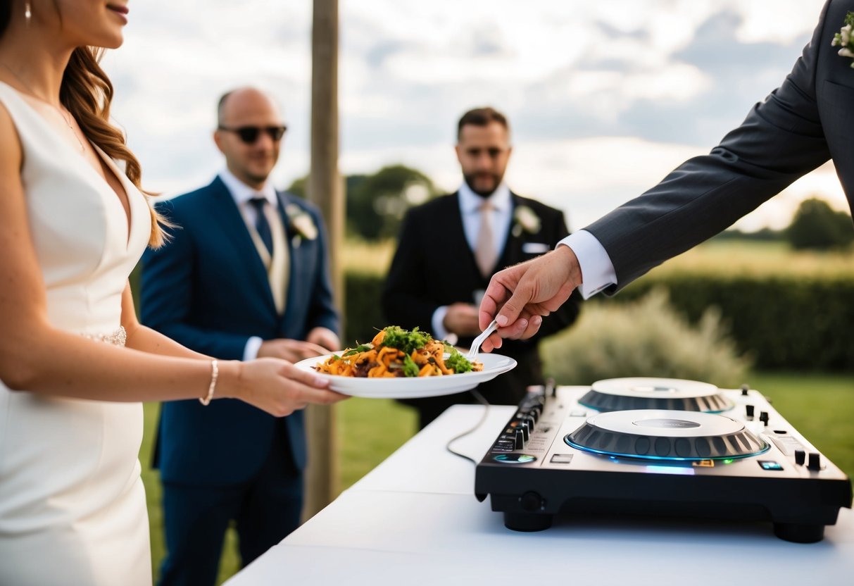 A wedding planner hands a plate of food to a DJ