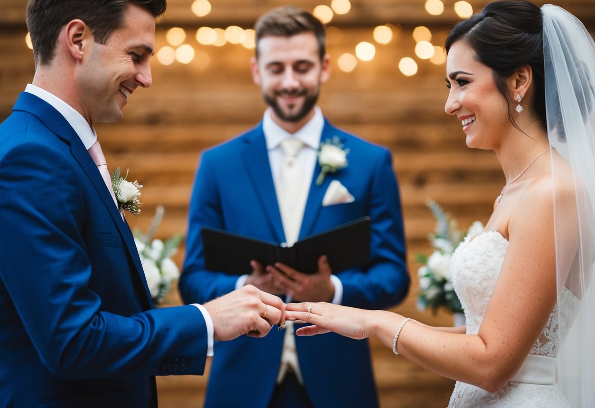 A newlywed couple exchanging wedding rings at a ceremony, with the groom presenting the ring to the bride
