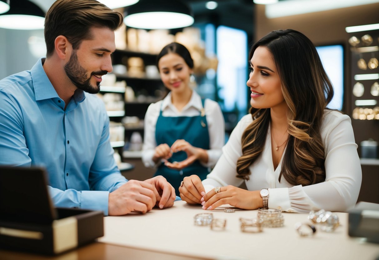 A couple discussing wedding ring designs with a jeweler