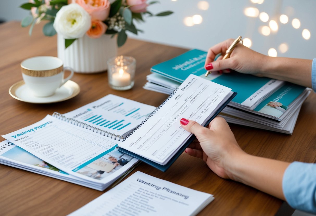 A woman's hand holding a checkbook, surrounded by wedding planning magazines and a list of expenses