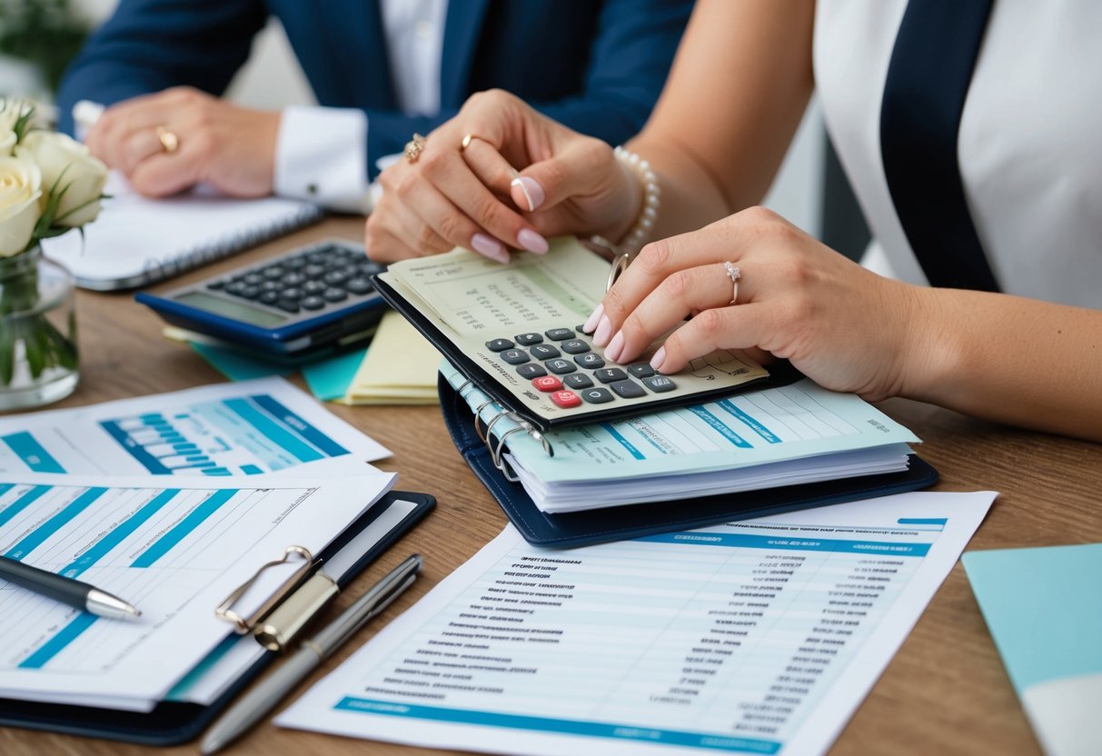 A woman's hand holding a checkbook with a wedding budget spreadsheet open on the table, surrounded by various wedding planning materials