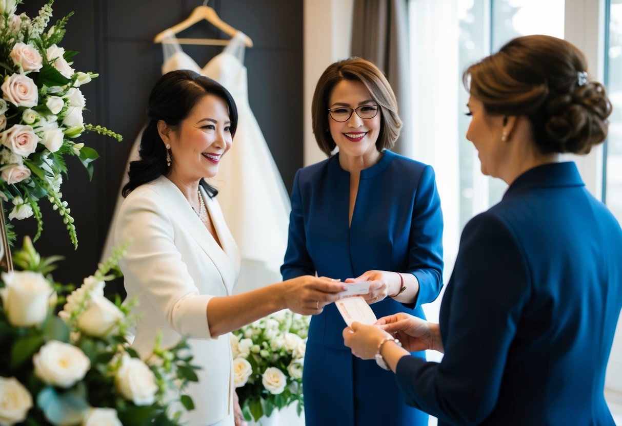 A mother hands over a check to a wedding planner, surrounded by floral arrangements and a wedding dress on display