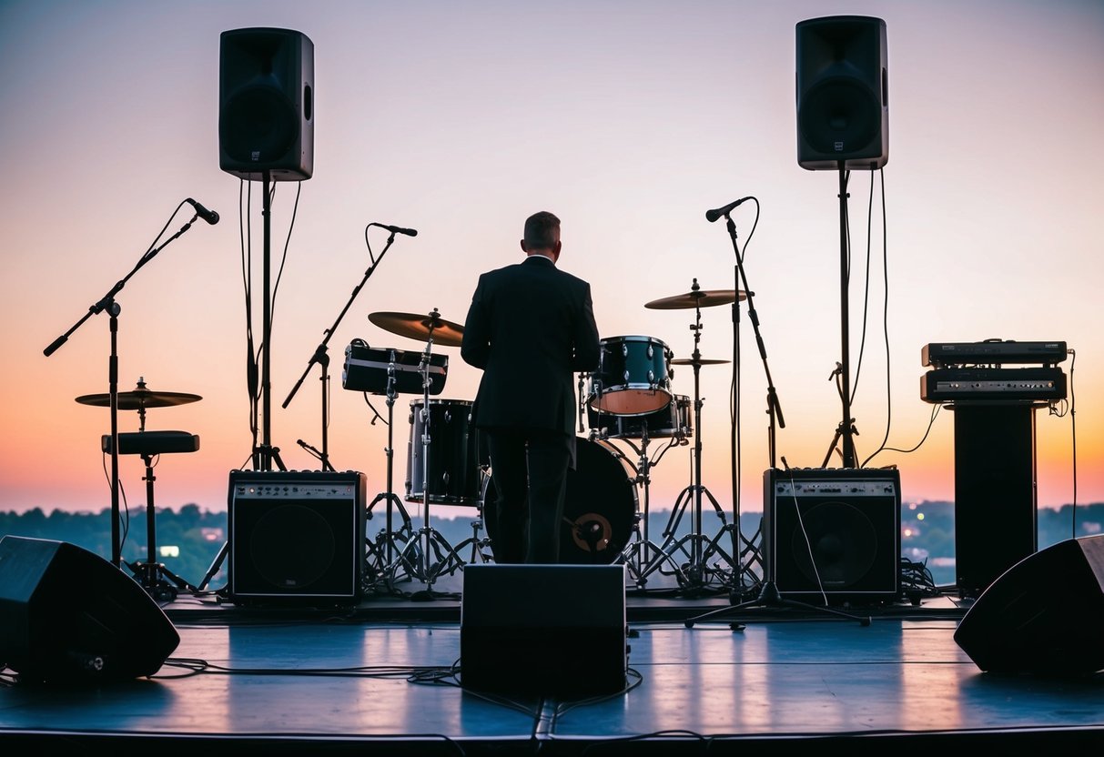 A stage with musical instruments and equipment set up for a wedding band performance