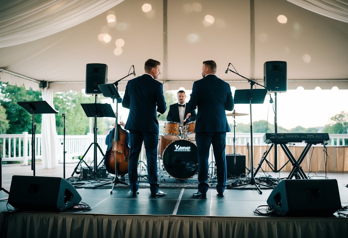 A wedding band setting up their own stage at a venue, with musical instruments and sound equipment ready for a performance