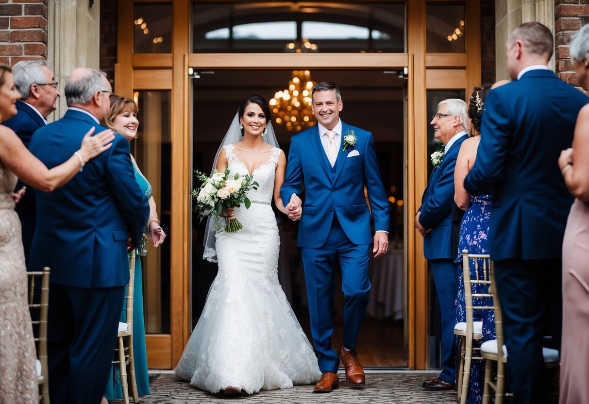 The bride and groom are standing at the entrance to greet guests, with the groom traditionally being introduced first at a wedding reception