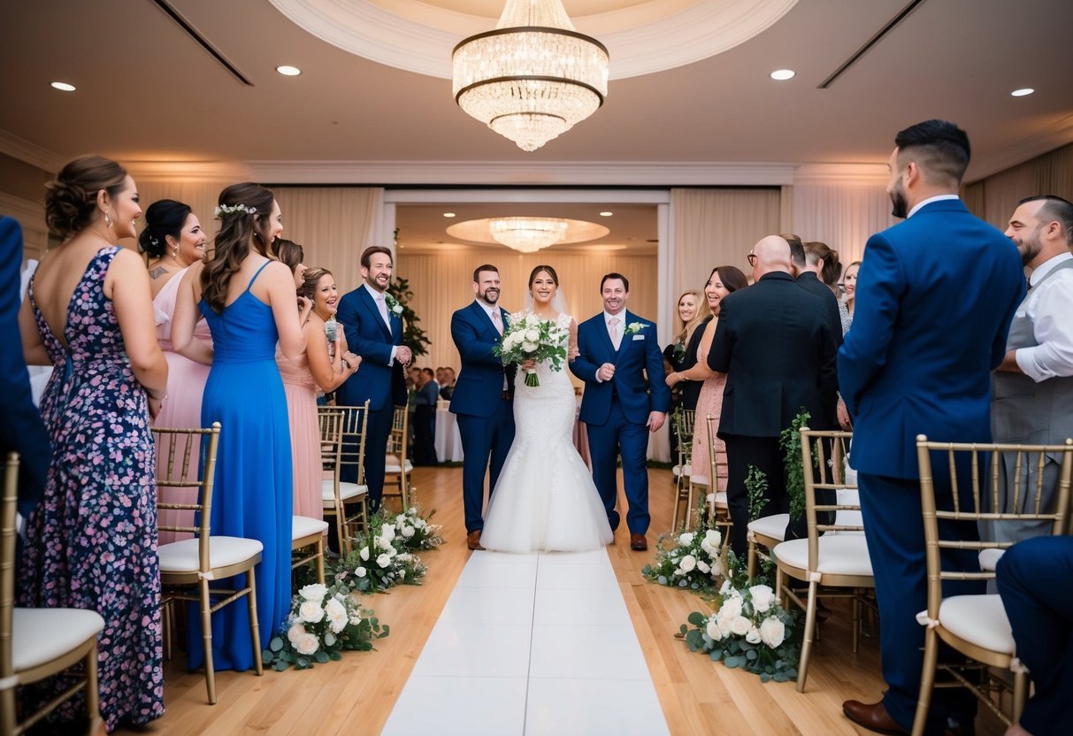 The wedding planner is introduced first, standing at the center of the reception hall, greeting guests and directing them to their seats