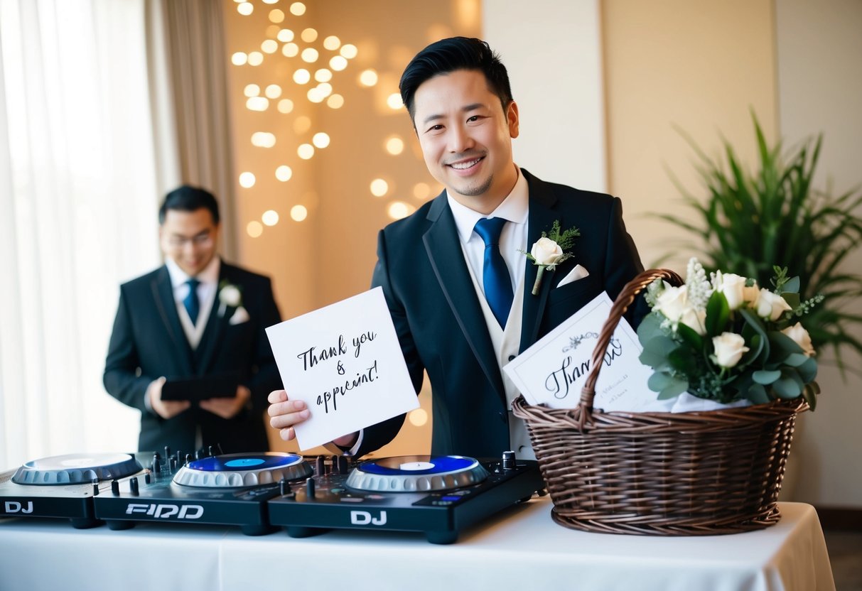 A wedding DJ receiving a thank-you gift basket with a note of appreciation