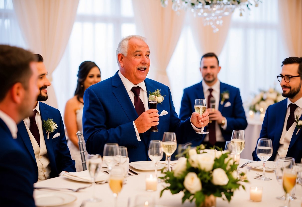 The groom's father speaks first at the wedding, offering a heartfelt toast to the newlyweds