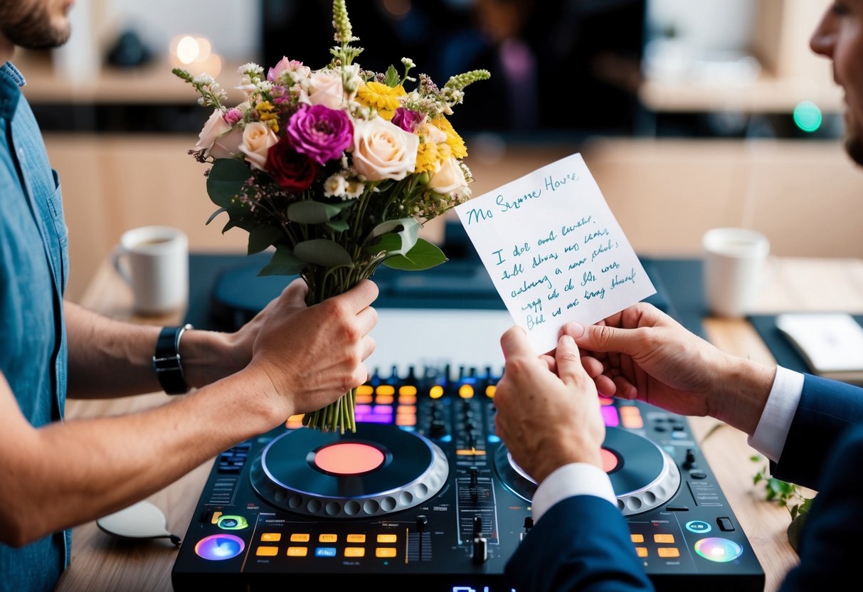 A couple hands a DJ a bouquet of flowers and a handwritten note