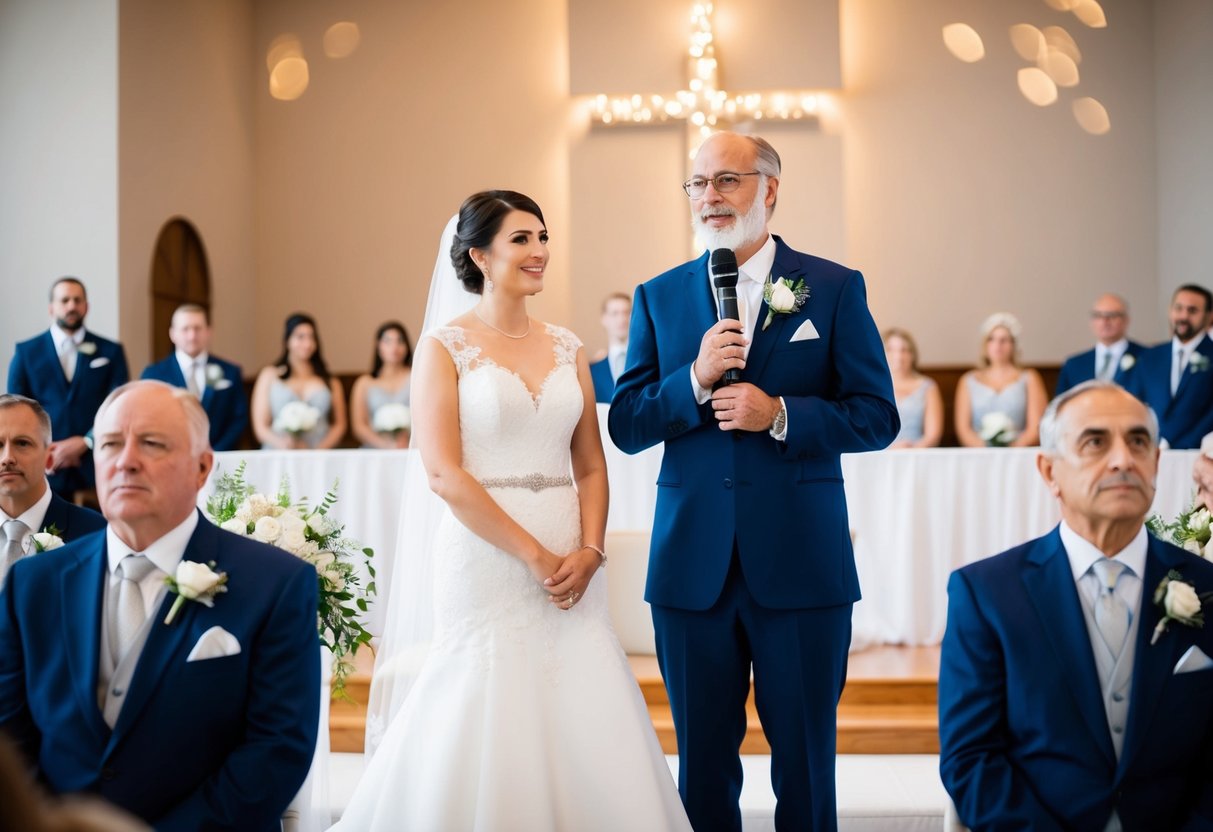 A father stands at the altar, facing the bride and groom. He holds a microphone and prepares to speak, while the other father watches from the front row