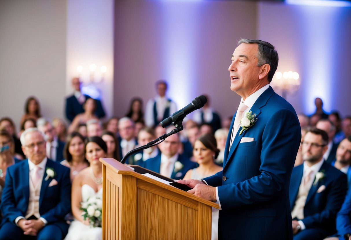 A father stands at a wedding podium, speaking with pride and emotion. The audience watches attentively, some wiping away tears