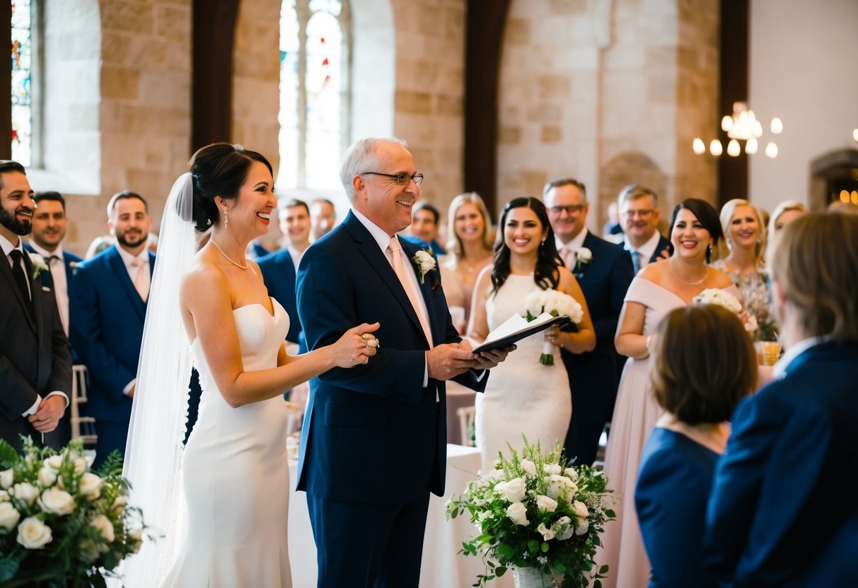 The father stands at the altar, speaking first at the wedding ceremony. Later, guests gather at the reception, celebrating with music and dancing