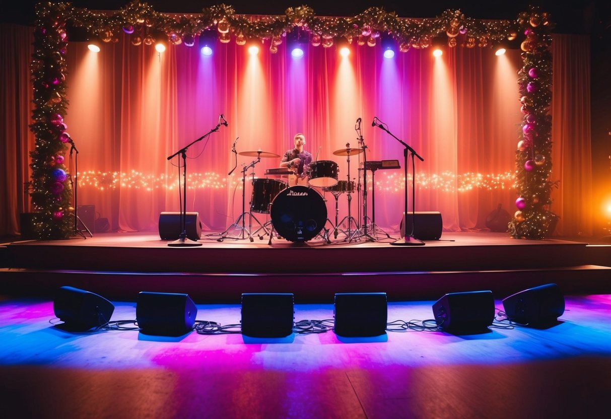 A vibrant stage with musical instruments and microphones, surrounded by festive decorations and elegant lighting