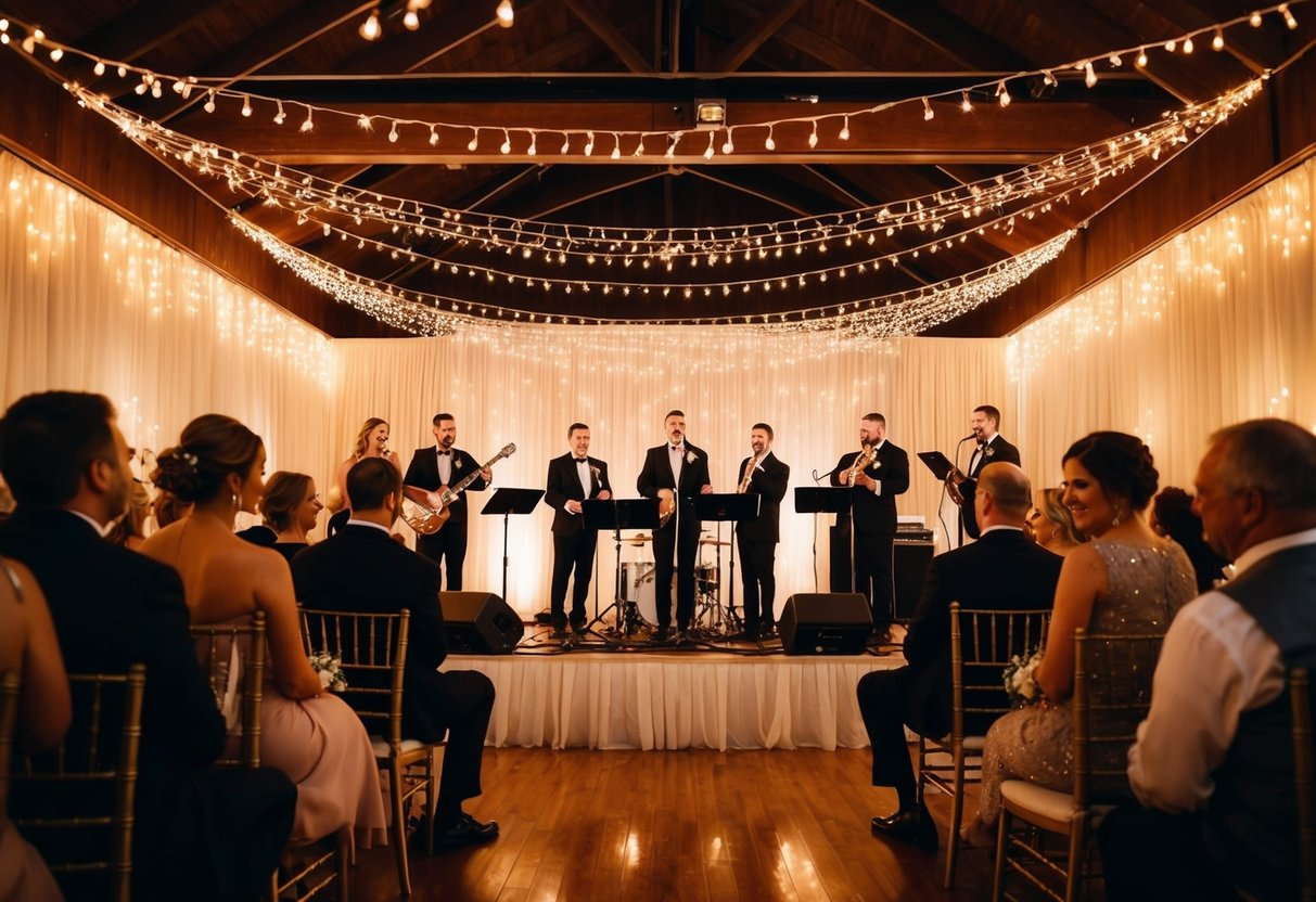 A band sets up on a stage adorned with twinkling lights, ready to serenade guests at a wedding reception. The room is filled with the warm glow of candles and the sound of laughter