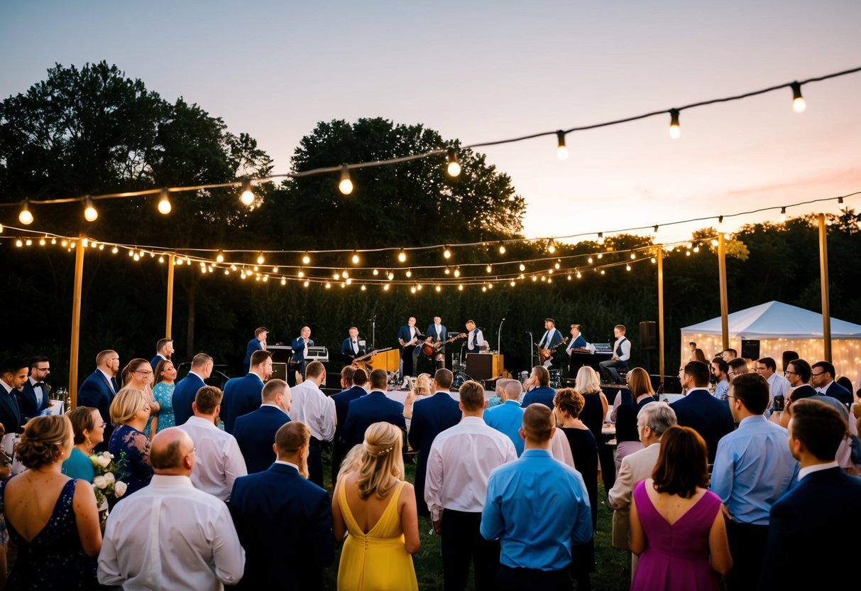 Guests gather under string lights as a band sets up on a stage at a wedding reception. The sun sets, casting a warm glow over the scene